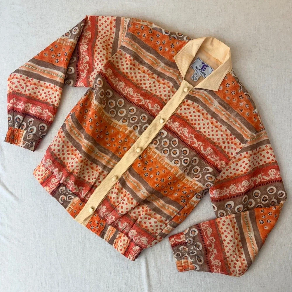 Oleg Cassini Vintage Silk Bomber Jacket Orange Geometric‎ Floral Print Small